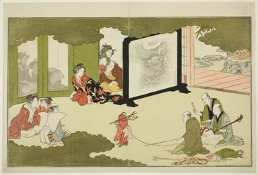 Aufführung eines dressierten Affen, aus einer illustrierten Gedichtanthologie mit dem Titel "Der junge Gott Ebisu (Waka Ebisu)"