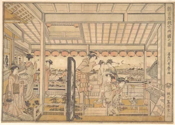 Darstellung der provisorischen Unterkünfte des neuen Vergnügungsviertels Yoshiwara in Ryōgoku