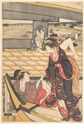 Vergnügungsgesellschaften in Booten auf dem Sumida unter der Ryōgoku-Brücke