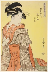 Somenosuke vom Matsubaya, [deren Begleiter] Wakagi, Wakaba, aus der Serie "Reihe der höchsten Schönheiten der Gegenwart"