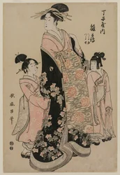 Die Kurtisane Hinazuru von Chojiya mit ihren Begleiterinnen Tsuruji und Tsuruno, ca. 1794
