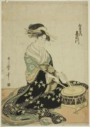 Die Kurtisane Kisegawa von der Matsubaya, aus einer unbetitelten Serie von Kurtisanen der Matsubaya als fünf Musiker