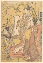 Die Oiran Hinazuru aus dem Chojiya, auf einem Stapel Futons stehend