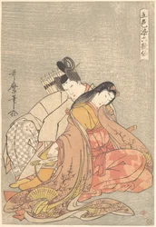 „Der Dichter Ariwara no Narihira (825–880) und Ono no Komachi,“ aus der Serie Fünf Farben der Liebe für die sechs poetischen Unsterblichen (Goshiki-zome rokkasen)