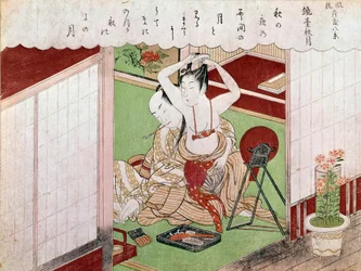 Die Toilette der eleganten Dame. Japanischer Druck von Kitagawa Utamaro (1753-1806). Maße: 0,38 x 0,25 m. 1794-1795. Paris, Musée Guimet, Nationalmuseum für asiatische Kunst