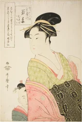 Wakaume aus dem Tamaya in Edo-cho itchome und ihre jungen Begleiterinnen Mumeno und Iroka (Edo-cho itchome, im Tamaya, Wakaume, Mumeno und Iroka)