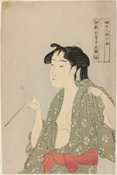 Frau, die Rauch aus einer Pfeife ausatmet, aus der Serie "Zehn Klassen der Physiognomie von Frauen (Fujo ninso juppon)"