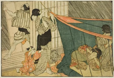 Frauen in einem Moskitonetz während eines Gewitters, aus dem illustrierten Buch "Bilderbuch: Blumen der vier Jahreszeiten (Ehon shiki no hana)," Bd. 1