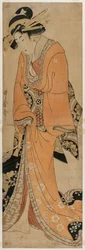 Geisha neben einem Shamisen-Kasten stehend