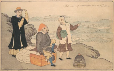 Gruppe von drei chinesischen Männern auf einer Klippe am Meer, 1789