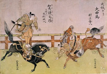 Osaka Voltigeure: Reitkunststücke. Japanischer Druck von Shigemasa Kitao (1739-1820)
