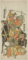 Die Schauspieler Bando Hikosaburo II als Watanabe no Tsuna und Matsumoto Tomijuro als Hakamadare no Yasusuke im Stück "Furitsumu Hana Nidai Genji," aufgeführt im Ichimura Theater im elften Monat, 1765