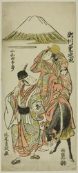 Die Schauspieler Segawa Kikunojo II als Itsuki und Bando Hikosaburo II als Oyamada Taro im Stück "Taiheiki Shizunome Furisode," aufgeführt im Nakamura Theater im elften Monat, 1767