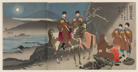 Allmählicher Vormarsch der Späher im gerechten Krieg zur Bestrafung Russlands: Eine Spähtruppe der japanischen Armee beobachtet die Bewegungen russischer Kosakensoldaten am Daedong-Fluss