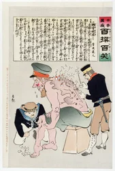 Russischer Soldat wird von japanischem Militärpersonal versorgt, veröffentlicht 1905