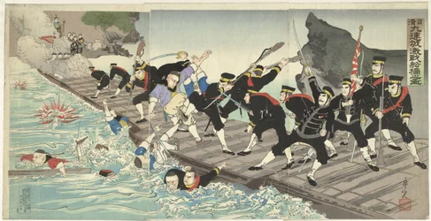 Heftige Kämpfe auf der schwimmenden Brücke in Kiuliencheng während des Sino-Japanischen Krieges