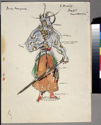 Kostümentwurf für die Oper "Der goldene Hahn" von Nicolas (Nikolai) Rimski-Korsakow (Rimski-Korsakow) (1844-1908). Kostüm eines Kämpfers mit Helm und Schwert