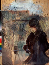 Frühling (Eine schwarz gekleidete Frau mit melancholischer Miene und gesenktem Blick lehnt sich auf eine schmale Absperrung) - Werk von Konstantin (Constantin) Andreyevich Somov (1869-1939)