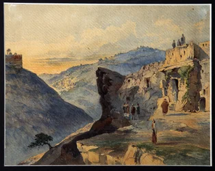 Das Tal Josaphat, der Ölberg, das Dorf Siloam. Beschreibung der in der Bibel erwähnten Orte in der Nähe von Jerusalem (Israel). Das Tal Josaphat ist ein Teil des Kidrontals
