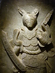 Grabschmuck, Tierkreiszeichen Hase aus Agalmatolith, 8. Jahrhundert, aus der Zeit der Nördlichen und Südlichen Königreiche, Korea. Fotografie, Nationalmuseum Seoul, Republik Korea
