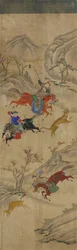 Jagdszene (3 Reiter jagen Hirsche und Tiger)