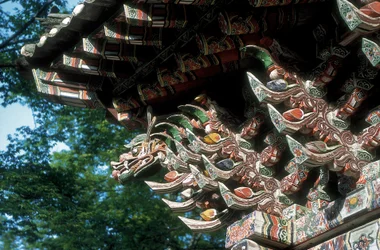 Sŏgwang-sa Tempel, Kosan County, Kangwon Provinz, Nordkorea, Detail des Dachs (Foto)