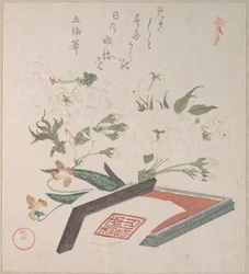 Kirschblüten und Siegelkästchen mit Tinte und Lineal