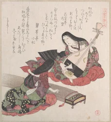 Zwei Damen; die eine spielt Biwa (japanische Laute), die andere Koto (japanische Harfe)