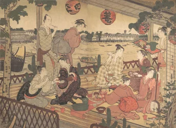 Zwei junge Männer und mehrere Frauen, die in einem Teehaus am Ufer des Sumida-Flusses speisen, ca. 1788