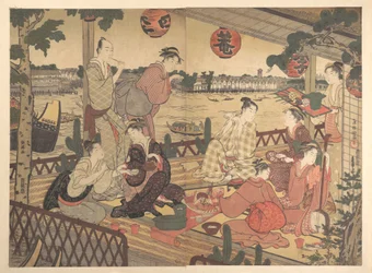 Zwei junge Männer und mehrere Frauen beim Essen in einem Teehaus am Ufer des Sumida-Flusses
