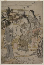 Frauen mit Salzfässern; Der Noda Tama Fluss in der Provinz Mutsu, aus einer unbetitelten Serie der Sechs Tama Flüsse