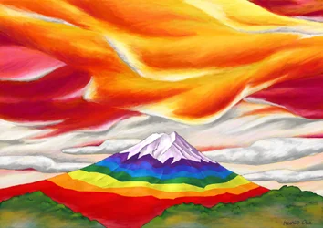 Regenbogenfarbener Berg Fuji umgeben von Rot und Orange
