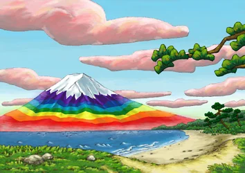 Die Küste und regenbogenfarbener Berg Fuji, 2023