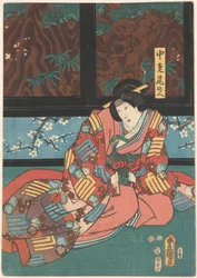 Szene aus dem Stück Der Spiegelberg Hofdame Onoe sitzend vor einem Paravent