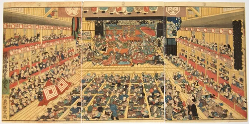 Odori-keiyo Edo-e no Sakae: Theaterinnenraum mit Shibaraku-Aufführung, 1858