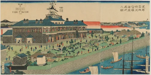 Der Küstengarten des Tsukiji Hotels in der östlichen Hauptstadt, Meiji-Ära, 1868