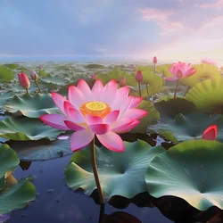 Auf der klaren Wasseroberfläche blühen große und schöne Lotusblumen, grüne Lotusblätter und Tau auf den Lotusblumen. Der Sonnenuntergang leuchtet auf der Wasseroberfläche 1