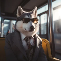 Ein Siberian Husky Hund im Anzug und mit Sonnenbrille am Busbahnhof, wie ein Gentleman