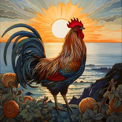 Ein krähender Hahn bei Sonnenaufgang