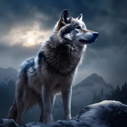 Ein majestätischer grauer Wolf steht auf einem schneebedeckten Berggipfel 4