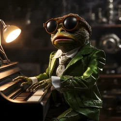 Elton John als Frosch mit Sonnenbrille und Klavier