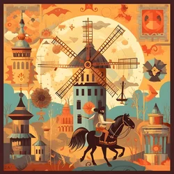 Hintergrund Don Quijote ganz rechts auf seinem Esel so klein wie ein Schatten, vor den Windmühlen, eine passende Kulisse 1