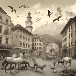 Innsbruck in einer alten Fotografie mit eleganten Zebras, Möwen, Affen und Tonfiguren. 1