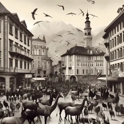 Innsbruck in einer alten Fotografie mit eleganten Zebras, Möwen, Affen und Tonfiguren. 4