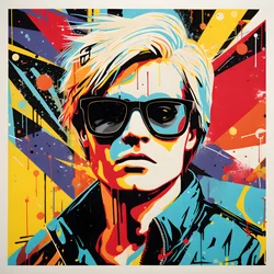 Pop-Art-Porträt, Halbfigur, farbenfroh, grafisch, Morgen, im Stil von Andy Warhol, Roy Lichtenstein, Robert Rauschenberg, Jasper Johns, Keith Haring