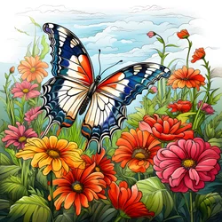 Schmetterling auf einer Wiese mit einem Spalier aus Blumen 3
