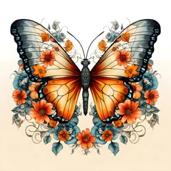 Schmetterling in der Mitte, symmetrisch, mit Blumen im Hintergrund 3