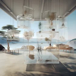 Transparentes Gebäude mit Insel-Tisch in der Mitte