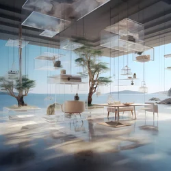 Transparentes Gebäude mit Insel-Tisch in der Mitte