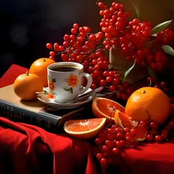 Zitrusfrüchte rotes Buch Kaffee